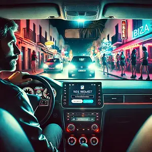 DALL·E 2025-02-20 08.31.34 - A cinematic scene of an Uber driver in Ibiza at night, sitting i...webp