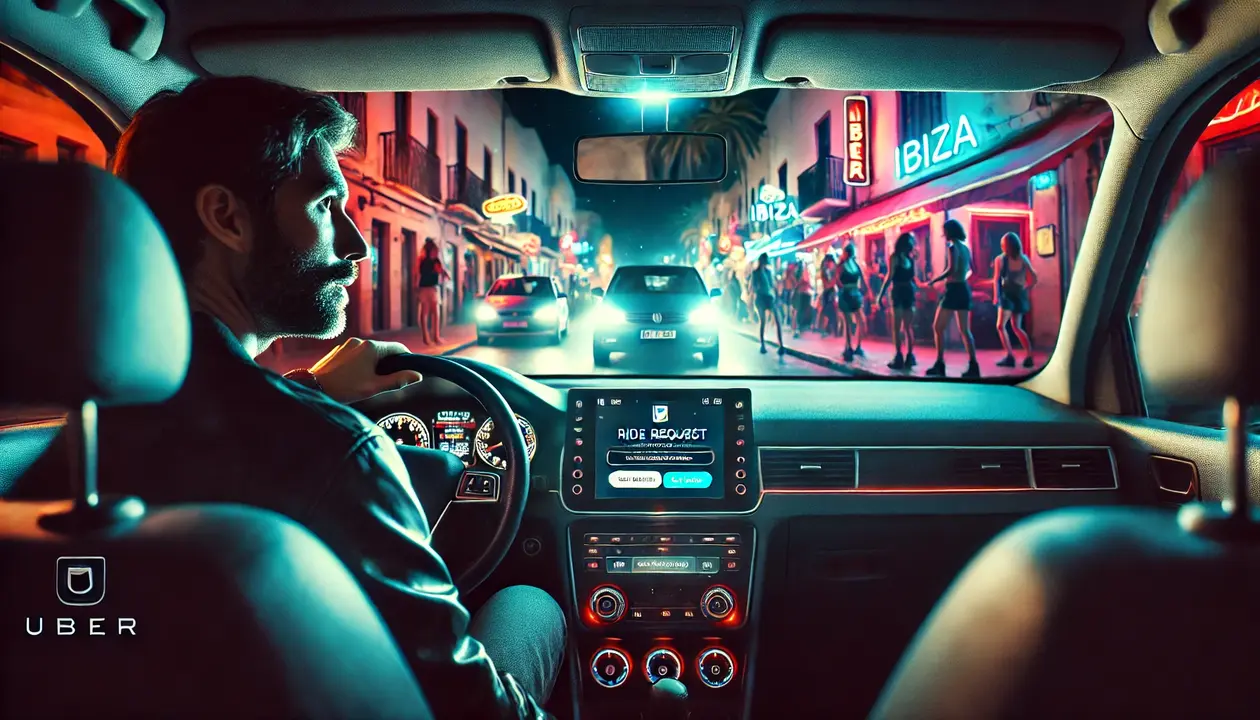 DALL·E 2025-02-20 08.31.34 - A cinematic scene of an Uber driver in Ibiza at night, sitting i...webp